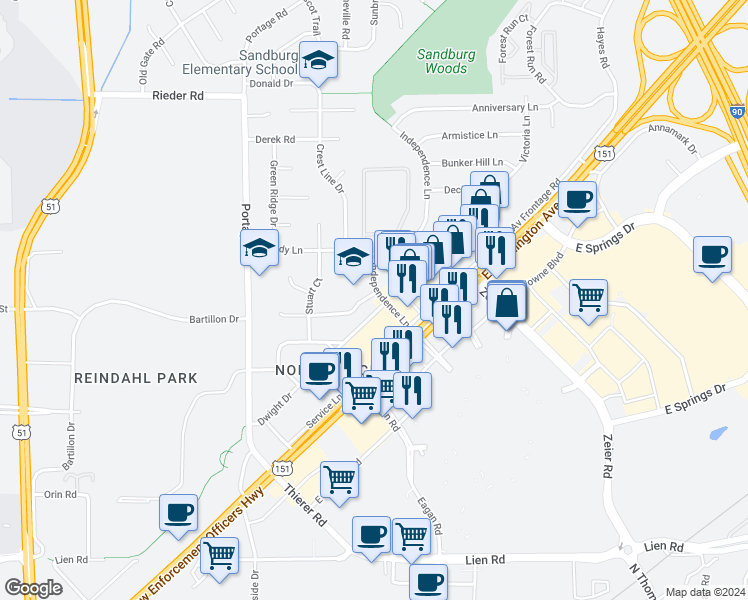 map of restaurants, bars, coffee shops, grocery stores, and more near 4414 Dwight Drive in Madison