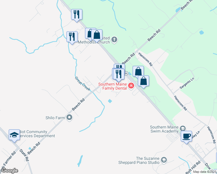 map of restaurants, bars, coffee shops, grocery stores, and more near Ruth Ln in Eliot