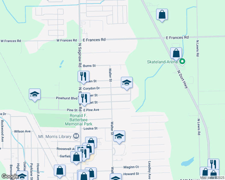 map of restaurants, bars, coffee shops, grocery stores, and more near 1120 Corydon Drive in Mount Morris