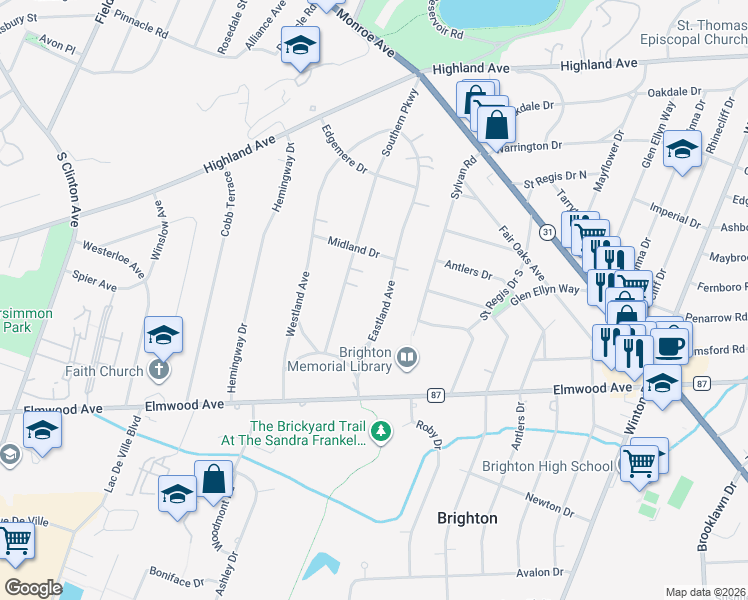 map of restaurants, bars, coffee shops, grocery stores, and more near 109 Eastland Avenue in Rochester