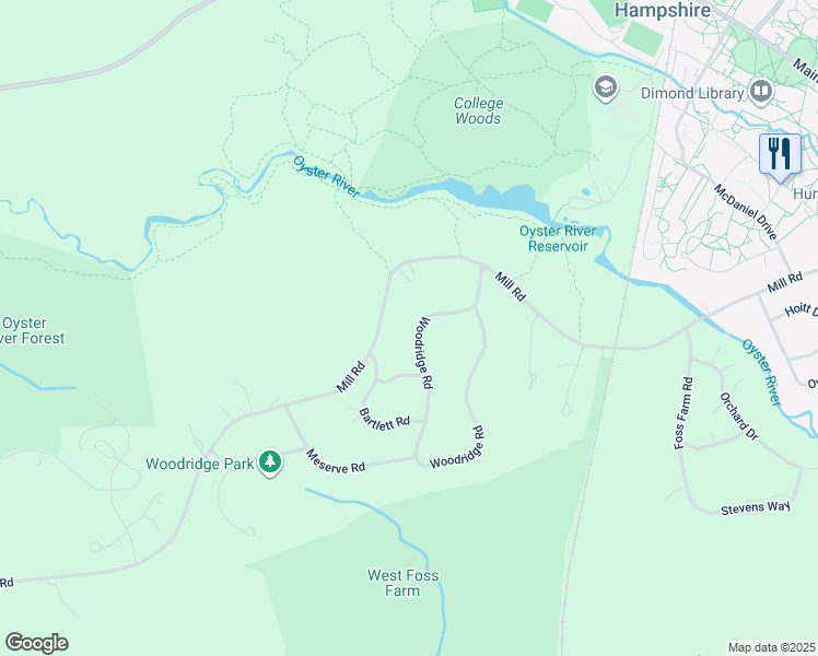 map of restaurants, bars, coffee shops, grocery stores, and more near 8 Woodridge Road in Durham
