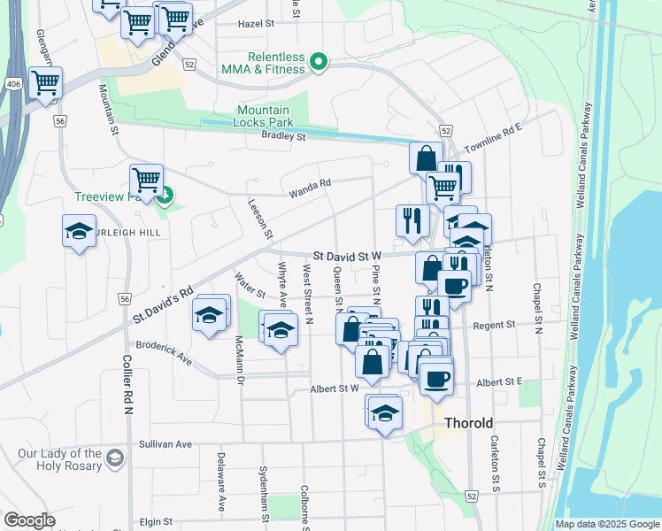 map of restaurants, bars, coffee shops, grocery stores, and more near 73 Queen Street North in Thorold