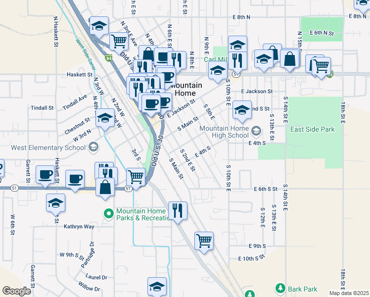 map of restaurants, bars, coffee shops, grocery stores, and more near 315 South 3rd East Street in Mountain Home