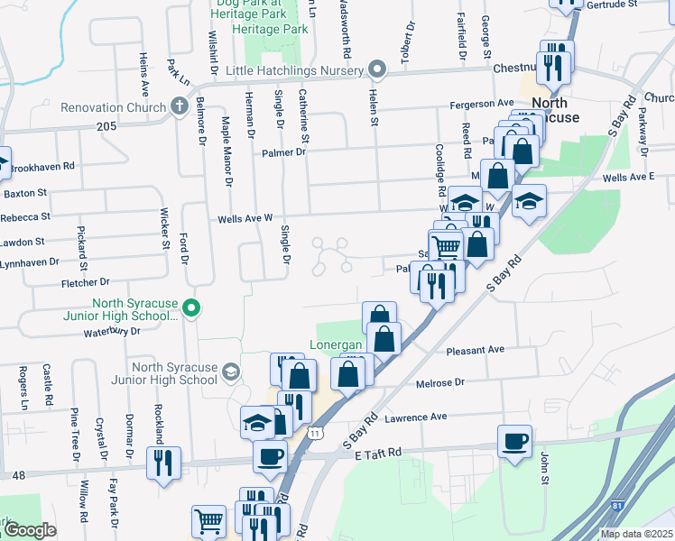 map of restaurants, bars, coffee shops, grocery stores, and more near 400 Sandra Lane in Syracuse