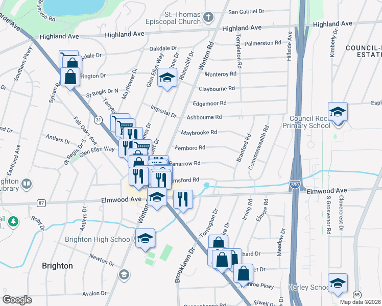 map of restaurants, bars, coffee shops, grocery stores, and more near 71 Fernboro Road in Rochester