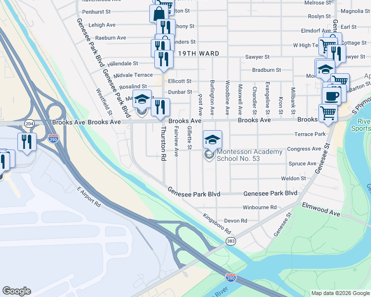 map of restaurants, bars, coffee shops, grocery stores, and more near 65 Gillette Street in Rochester