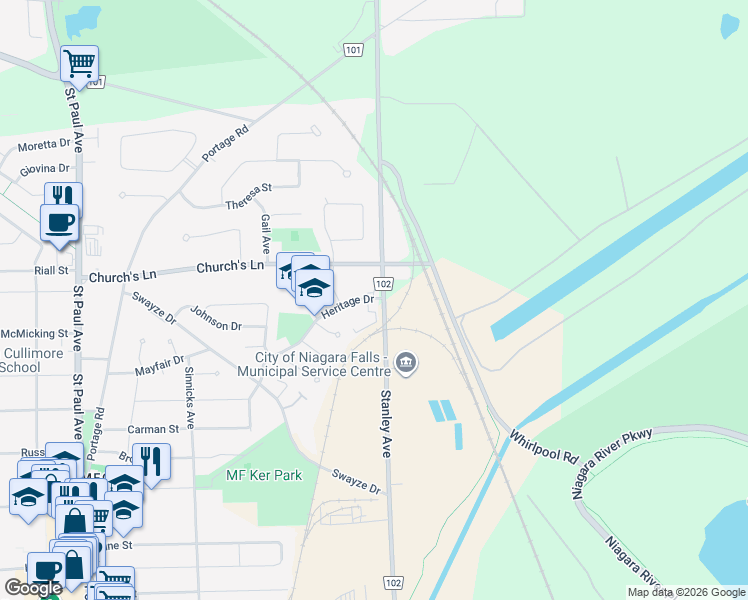 map of restaurants, bars, coffee shops, grocery stores, and more near 5552 Heritage Drive in Niagara Falls
