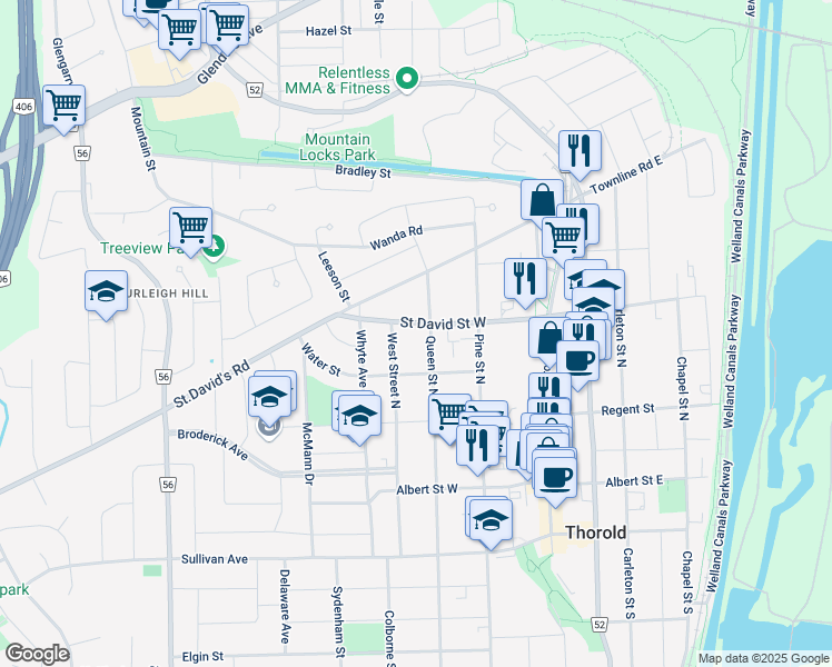 map of restaurants, bars, coffee shops, grocery stores, and more near 42 Saint David Street West in Thorold
