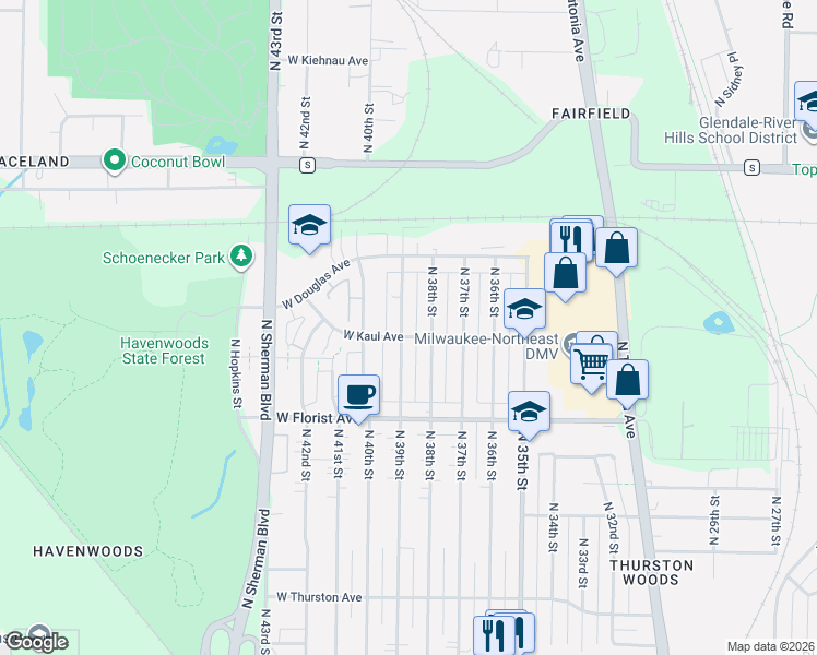 map of restaurants, bars, coffee shops, grocery stores, and more near 6125 North 38th Street in Milwaukee