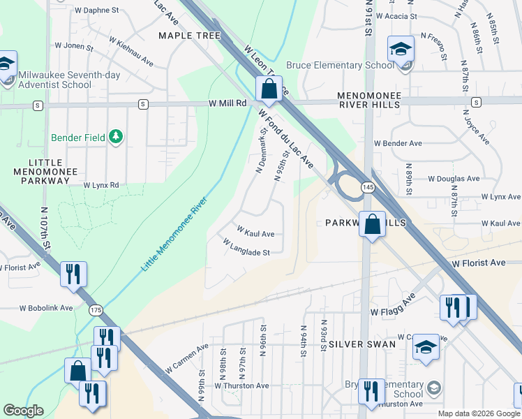 map of restaurants, bars, coffee shops, grocery stores, and more near 9500 West Rio Street in Milwaukee