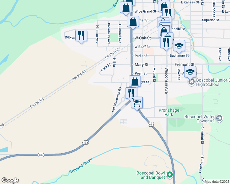 map of restaurants, bars, coffee shops, grocery stores, and more near 1502 Old Woodman Road in Boscobel