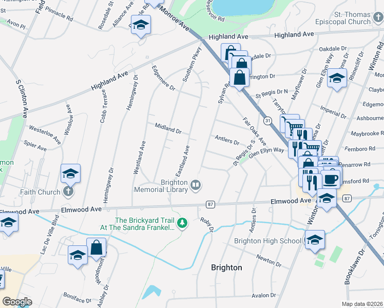 map of restaurants, bars, coffee shops, grocery stores, and more near 109 Eastland Avenue in Rochester