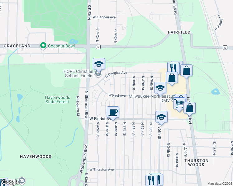 map of restaurants, bars, coffee shops, grocery stores, and more near 6125 North 39th Street in Milwaukee