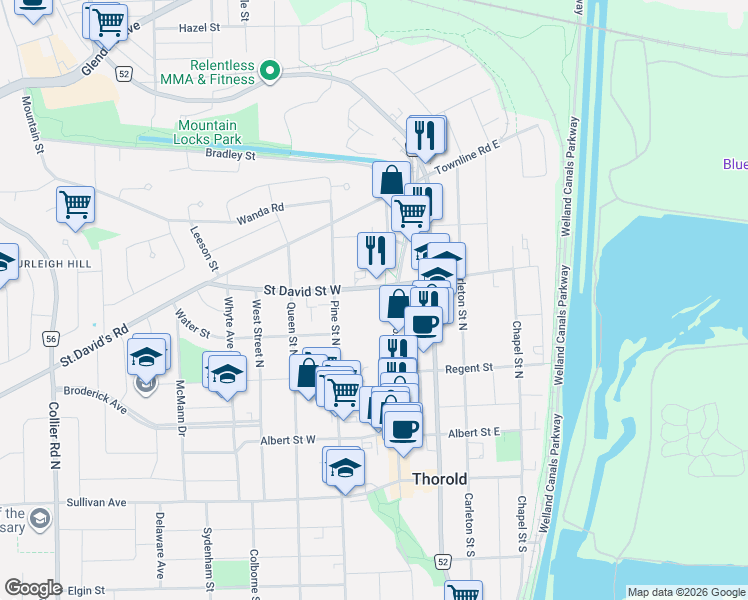 map of restaurants, bars, coffee shops, grocery stores, and more near 13 Saint David Street West in Thorold