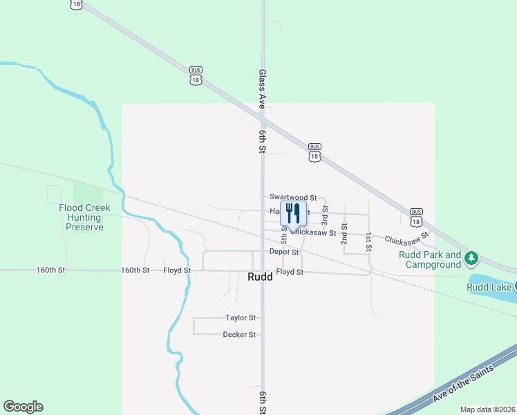 map of restaurants, bars, coffee shops, grocery stores, and more near 302 6th Street in Rudd