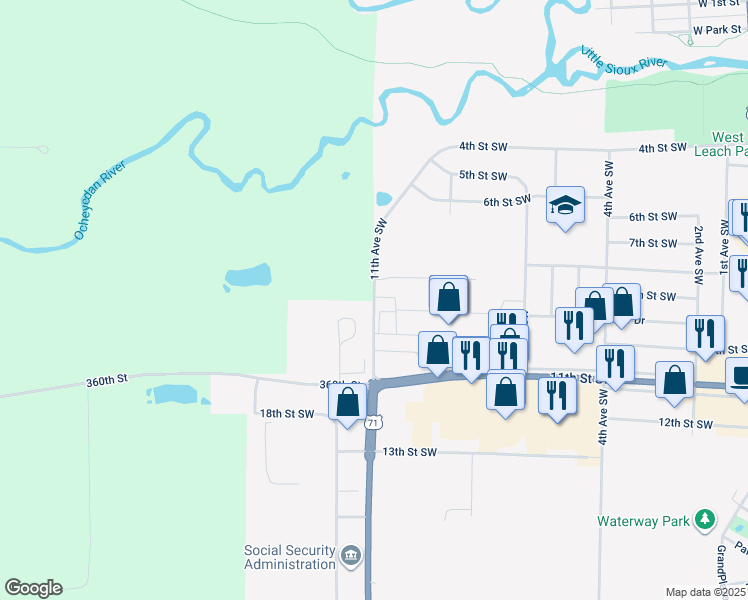 map of restaurants, bars, coffee shops, grocery stores, and more near 901 11th Avenue Southwest in Spencer