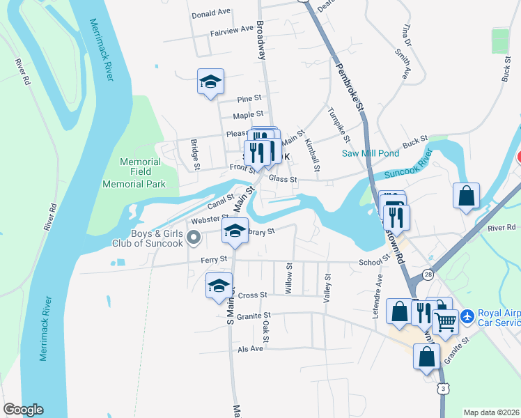 map of restaurants, bars, coffee shops, grocery stores, and more near 12 Mill Falls Road in Pembroke