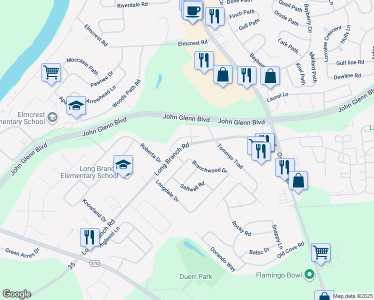 map of restaurants, bars, coffee shops, grocery stores, and more near 4132 Long Branch Rd in Liverpool