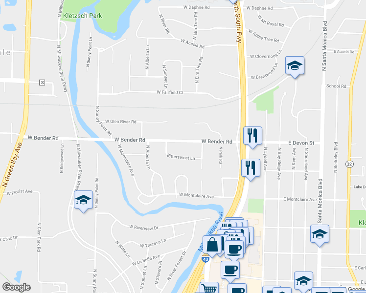 map of restaurants, bars, coffee shops, grocery stores, and more near 705 West Bender Road in Glendale
