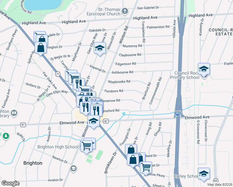 map of restaurants, bars, coffee shops, grocery stores, and more near 71 Fernboro Road in Rochester