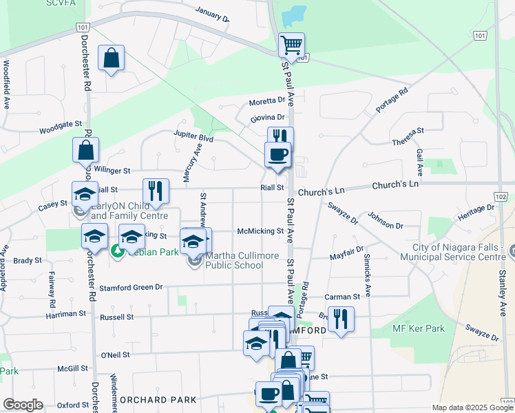 map of restaurants, bars, coffee shops, grocery stores, and more near 6328 Gore Street in Niagara Falls