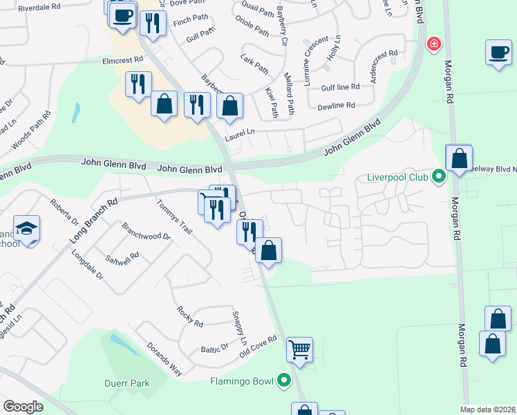 map of restaurants, bars, coffee shops, grocery stores, and more near 7398 Oswego Road in Liverpool