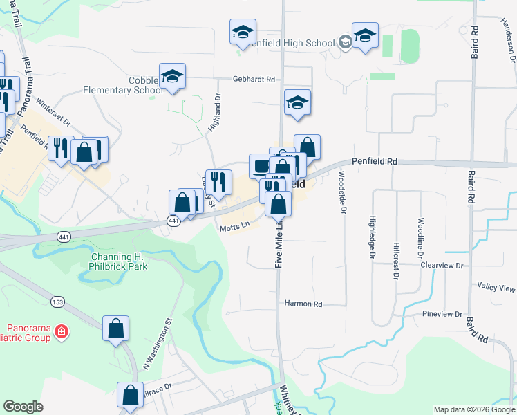 map of restaurants, bars, coffee shops, grocery stores, and more near 1821 Penfield Road in Penfield