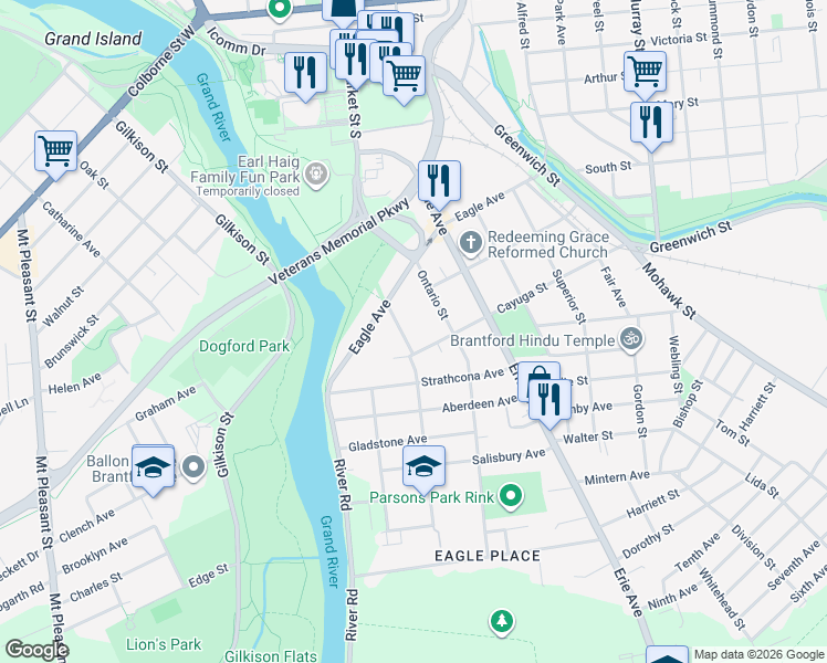 map of restaurants, bars, coffee shops, grocery stores, and more near 24 Foster Street in Brantford