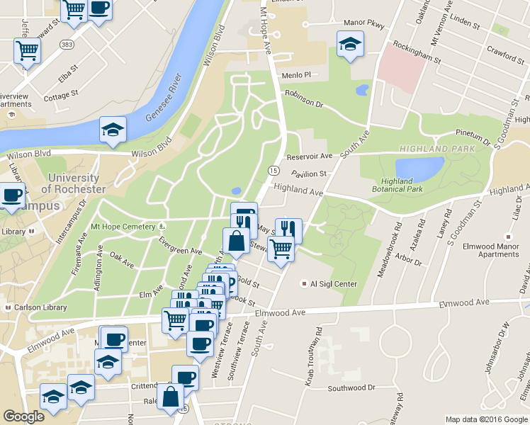 map of restaurants, bars, coffee shops, grocery stores, and more near 15 Furman Crescent in Rochester