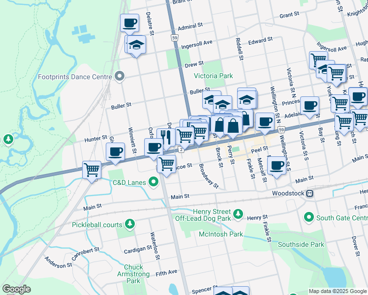 map of restaurants, bars, coffee shops, grocery stores, and more near 327 Dundas Street in Woodstock