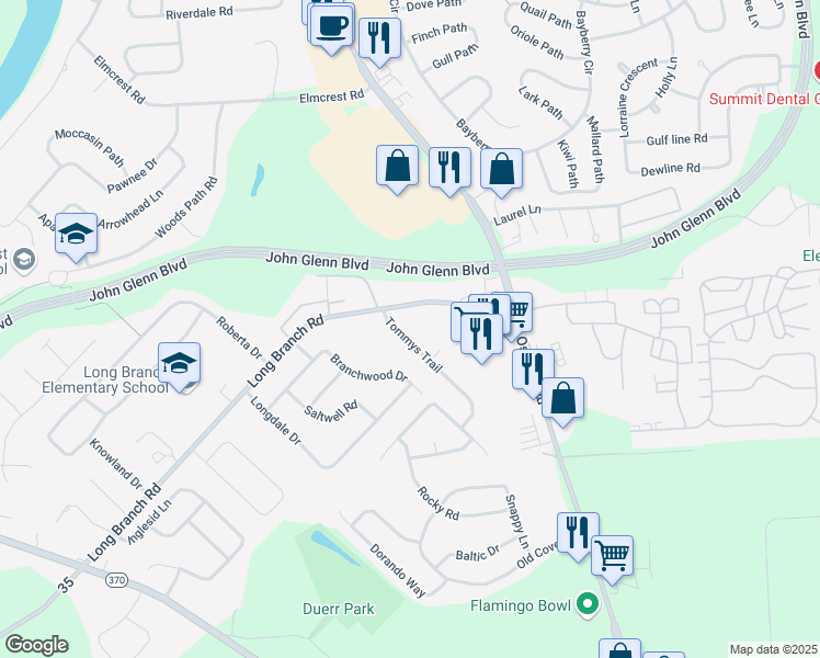 map of restaurants, bars, coffee shops, grocery stores, and more near 4184 Long Branch Road in Liverpool