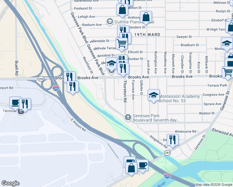 map of restaurants, bars, coffee shops, grocery stores, and more near 72 Brookdale Avenue in Rochester