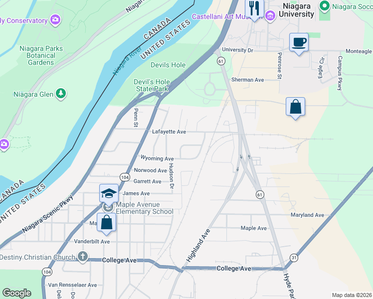 map of restaurants, bars, coffee shops, grocery stores, and more near 4649 Patricia Drive in Niagara Falls