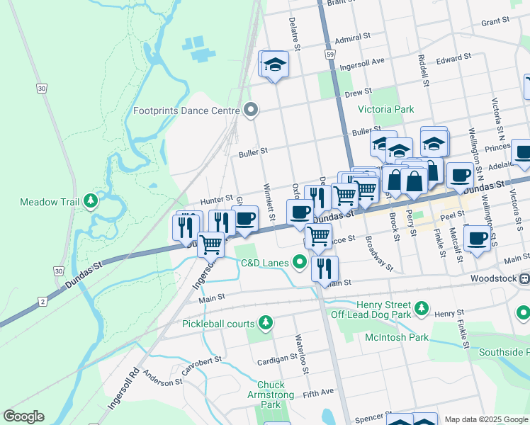 map of restaurants, bars, coffee shops, grocery stores, and more near in Woodstock
