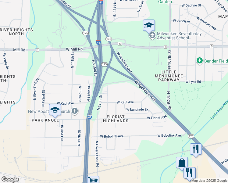 map of restaurants, bars, coffee shops, grocery stores, and more near 6158R North 114th Street in Milwaukee