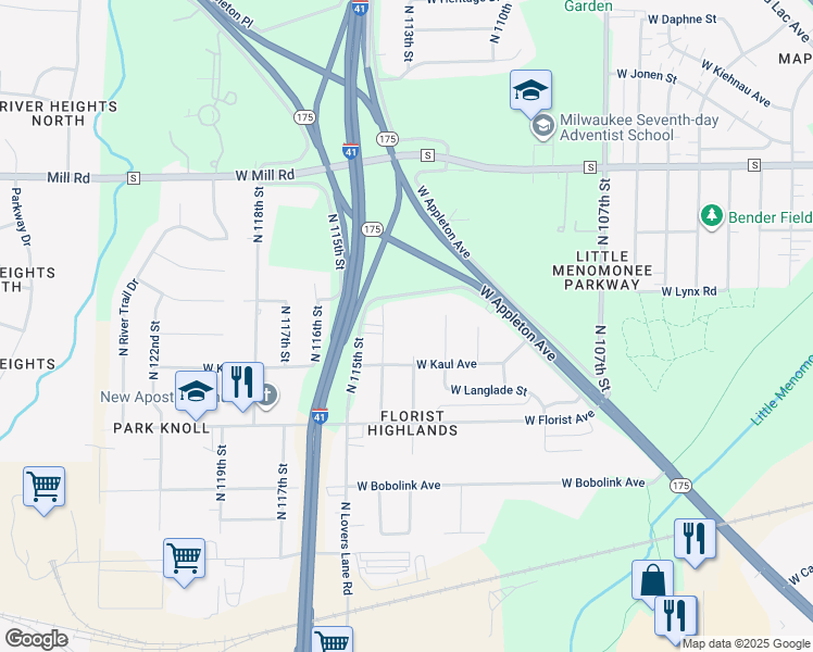 map of restaurants, bars, coffee shops, grocery stores, and more near 6158R North 114th Street in Milwaukee