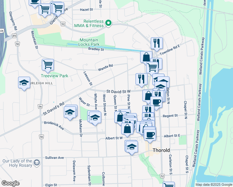map of restaurants, bars, coffee shops, grocery stores, and more near 35 Saint Davids Road West in Thorold