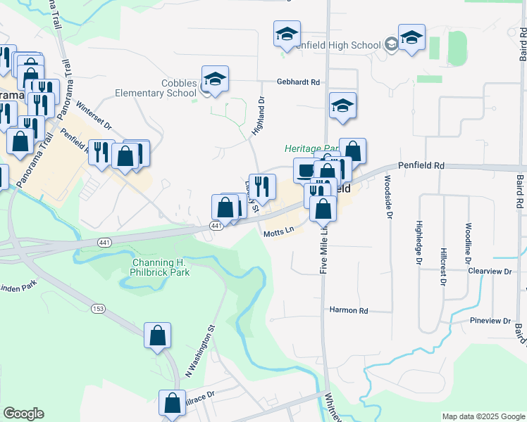 map of restaurants, bars, coffee shops, grocery stores, and more near 1778 New York 441 in Penfield
