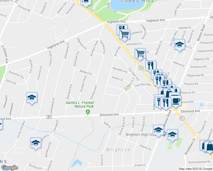 map of restaurants, bars, coffee shops, grocery stores, and more near 231 Sylvan Road in Rochester