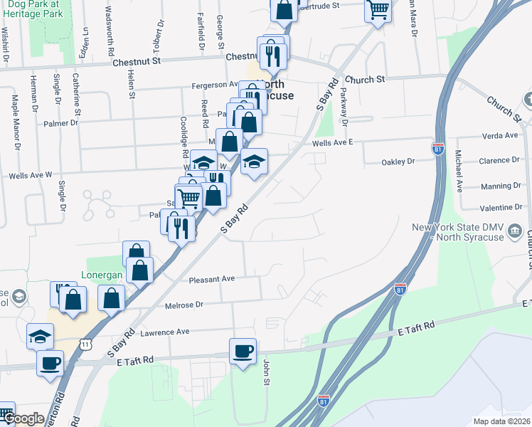 map of restaurants, bars, coffee shops, grocery stores, and more near 19 Lincoln Road in North Syracuse