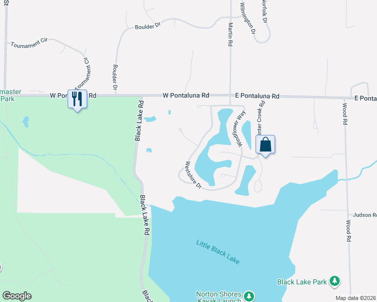 map of restaurants, bars, coffee shops, grocery stores, and more near 125 Woodslee Court in Norton Shores