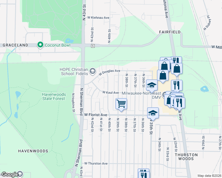 map of restaurants, bars, coffee shops, grocery stores, and more near 6125 North 39th Street in Milwaukee