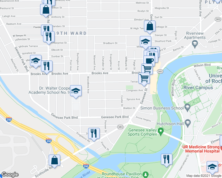 map of restaurants, bars, coffee shops, grocery stores, and more near 176 Congress Avenue in Rochester