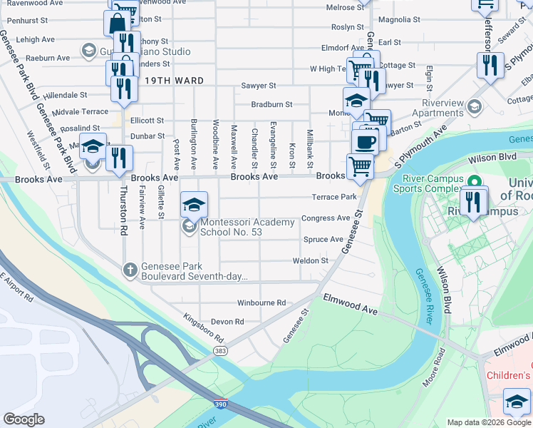 map of restaurants, bars, coffee shops, grocery stores, and more near 218 Congress Avenue in Rochester