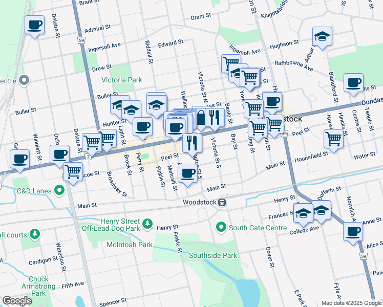 map of restaurants, bars, coffee shops, grocery stores, and more near 522 Peel Street in Woodstock