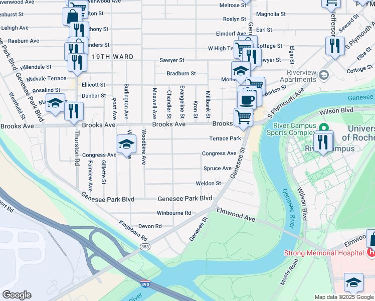 map of restaurants, bars, coffee shops, grocery stores, and more near 148 Congress Avenue in Rochester