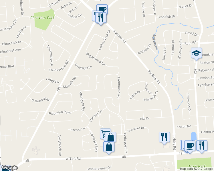 map of restaurants, bars, coffee shops, grocery stores, and more near 7439 Farmstead Road in Liverpool