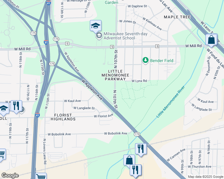 map of restaurants, bars, coffee shops, grocery stores, and more near 6157 North 107th Street in Milwaukee