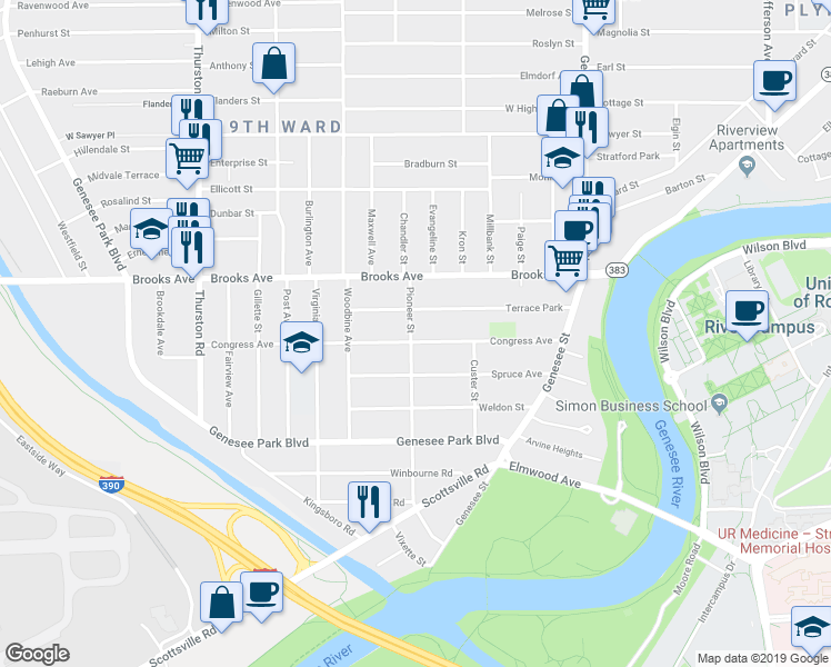 map of restaurants, bars, coffee shops, grocery stores, and more near 202 Congress Avenue in Rochester