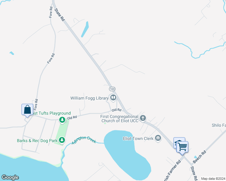map of restaurants, bars, coffee shops, grocery stores, and more near 1403 State Road in Eliot